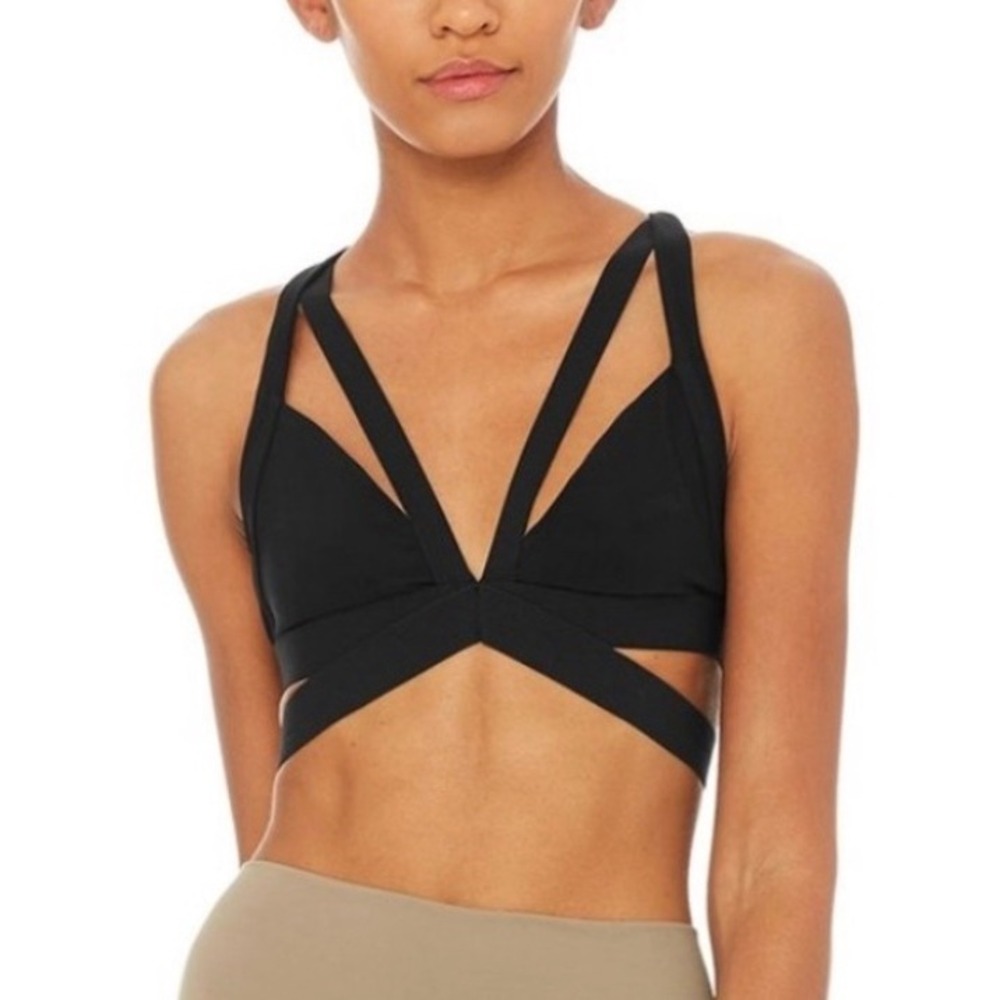 Alo Yoga Nadi Sports Bra Women Size S Black Strappy V-Neck Activewear